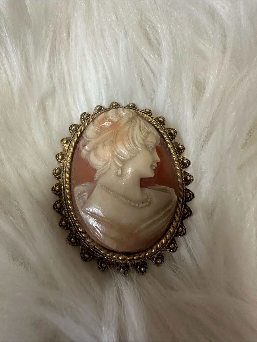 Vintage Cameo Brooch Pin in Cream and Coral with Gold Tone Frame